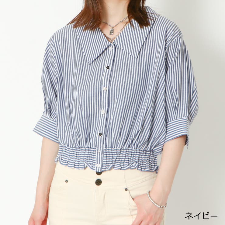 ネイビー | ５分裾シャーリングブラウス | GORGE 