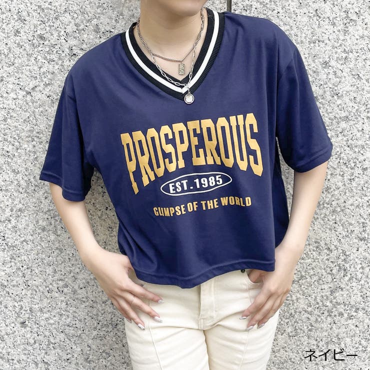 ネイビー | ラインリブＶネックＴシャツレディース 天竺 半袖Tシャツ | GORGE 