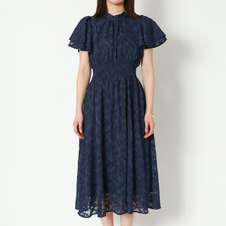 ローズジャガードワンピース 半袖 ネイビー 袖フレアジャガードワンピース[品番：GORW0007729]｜GORGE （ゴージ