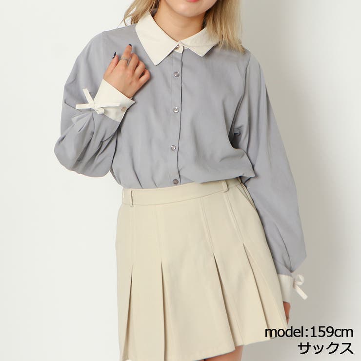 サックス | 襟配色袖リボンシャツ | GORGE 