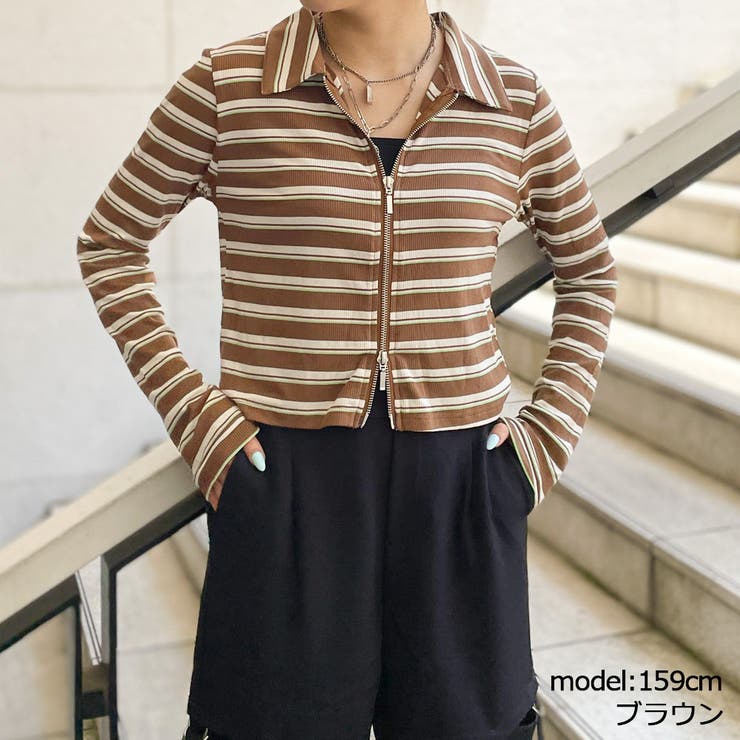 ブラウン | マルチボーダー襟付きＺＩＰカーディガン | GORGE 