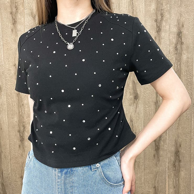 ラインストーン付きストレッチTシャツ[品番：GORW0008725