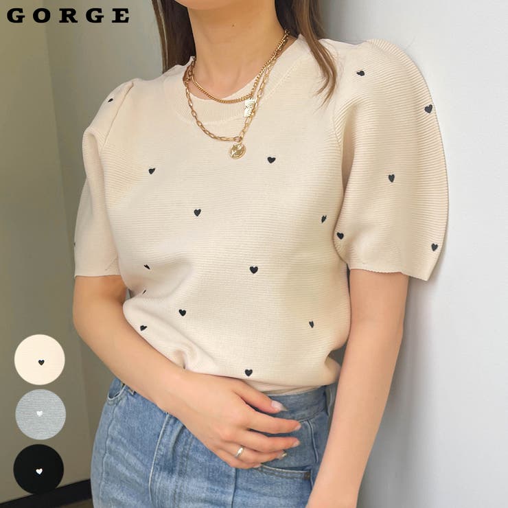 プチハート刺しゅう半袖ニット[品番：GORW0008743]｜GORGE （ゴージ