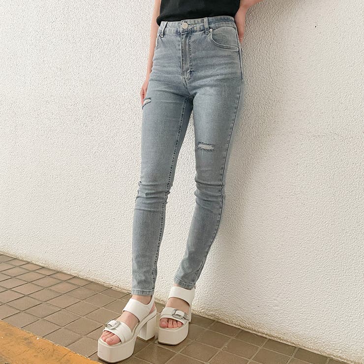 ジェイダGYDAハイウエスト ストレートワイドデニムパンツ サイド