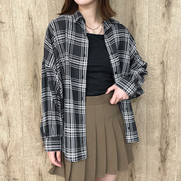 【早い者勝ち】チェックシャツ×レザー ドッキング スカート インナー付きチェックシャツ[品番：GORW0008711]｜GORGE