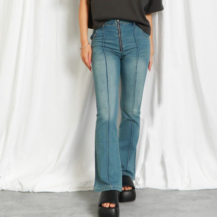 デニム・ジーパン HUECLOSET Sand Brush Flare Denim Pants SW53 2way 裾ボタン変形デニムパンツワイド/テーパード 2way hem