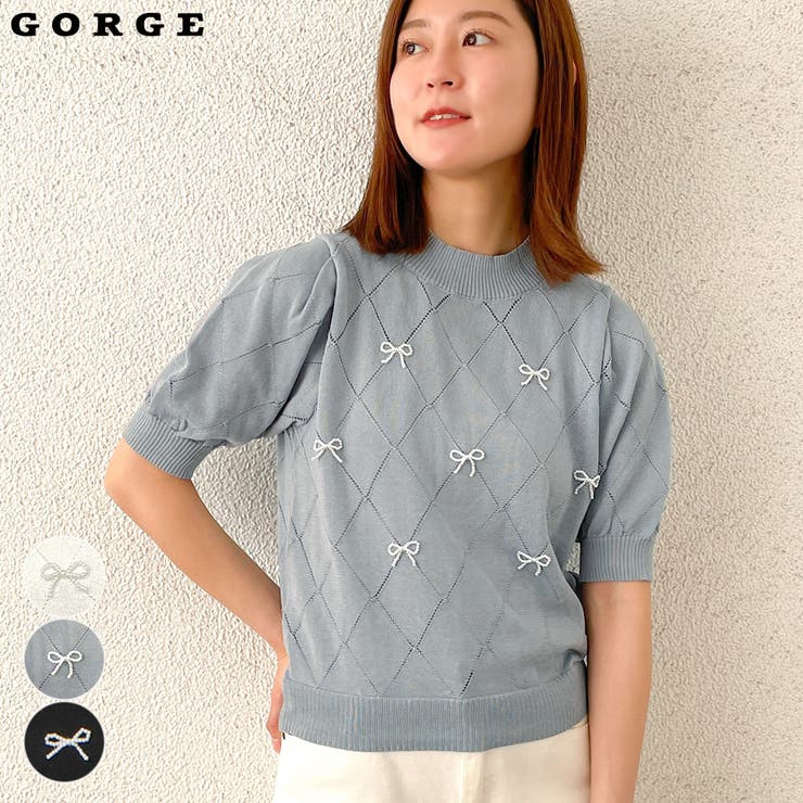 パールリボン半袖ニットプルオーバー[品番：GORW0008865]｜GORGE