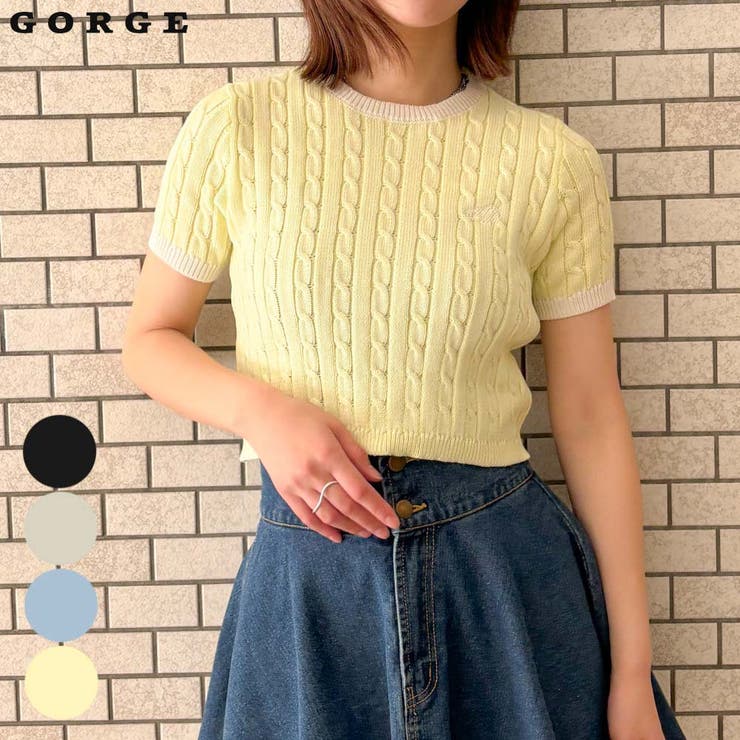 《配色ケーブル編み×ロゴ刺繍》レディース 半袖ニットプルオーバー 春夏秋	 | GORGE  | 詳細画像1 