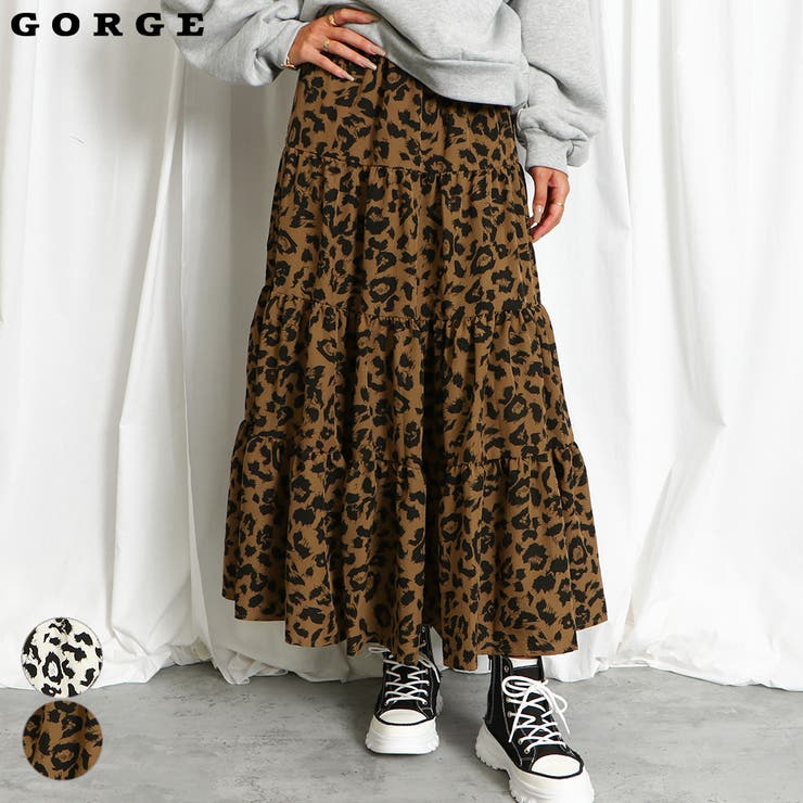春先取りの ヒョウ柄ティアードスカート[品番：GORW0009451]｜GORGE スカート