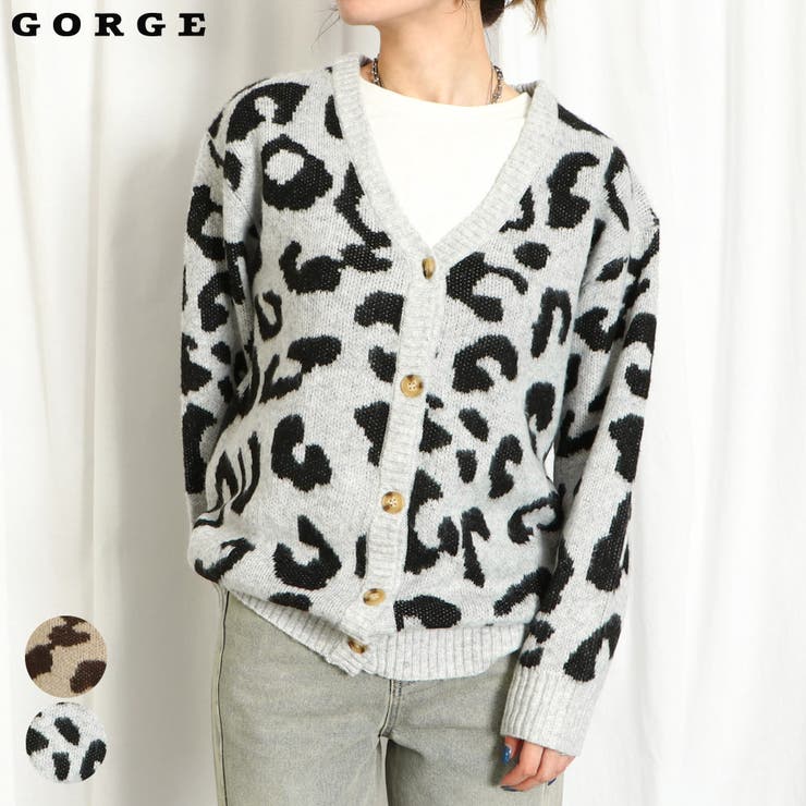 ヒョウ柄Vネックニットカーディガン[品番：GORW0009417]｜GORGE