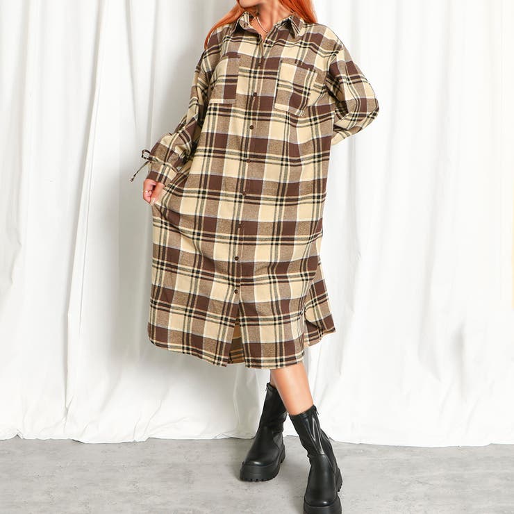 Drawerシャツワンピース チェック ブラウン36ドゥロワー Drawer（ドゥロワー）の「Drawer タータンチェックシャツ