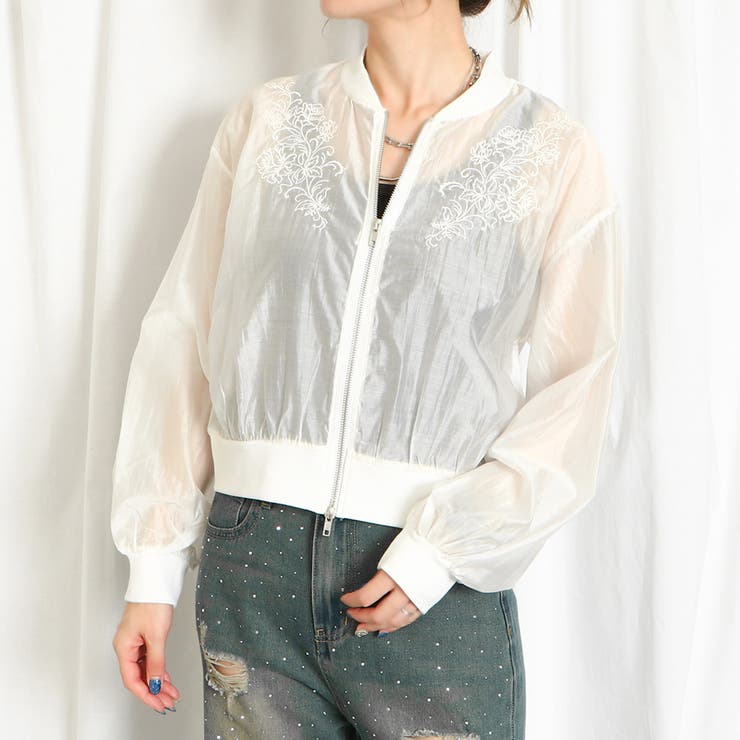 オフホワイト | 《シアー×刺繍》レディース ブルゾン ライトアウター 羽織り 春夏秋	 | GORGE 