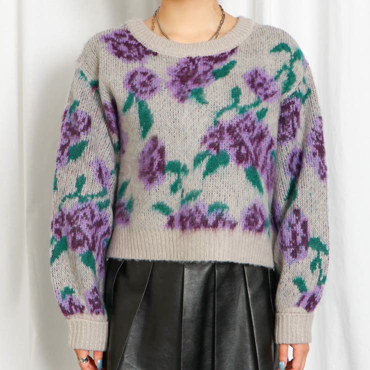 【ヴィンテージ】古着 カーディガン 総柄 花柄 ベージュ 茶色 紫 緑 レトロ 花柄カーディガン | Meridian - 古着屋グレープフルーツ ムーン