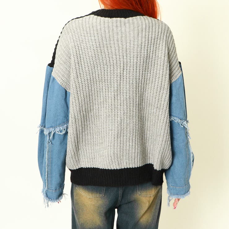 ダメージデニム袖配色ニットプルオーバー[品番：GORW0009537]｜GORGE
