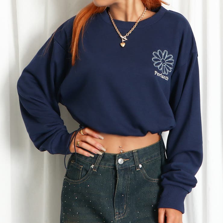 ネイビー | ドローコード花ラメ短丈裏毛プルオーバー | GORGE 