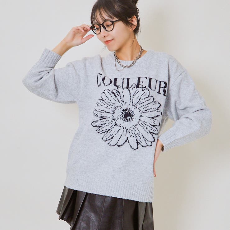 【オフホワイト】【WEB・一部店舗限定】クルーネックコットンニットプルオーバー 花ニットプルオーバー[品番：GORW0009624]｜GORGE （ゴージ