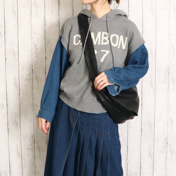 グレー | デニム袖ロゴニットパーカー | GORGE 