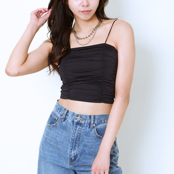 ブラック | 《ギャザーデザイン×華奢ストラップ》冷感キャミトップス | GORGE 