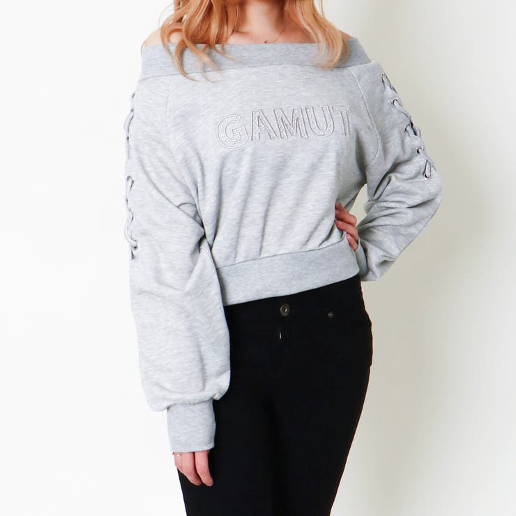 グレー | オフショルスタッズロゴ裏毛プルオーバー | GORGE 