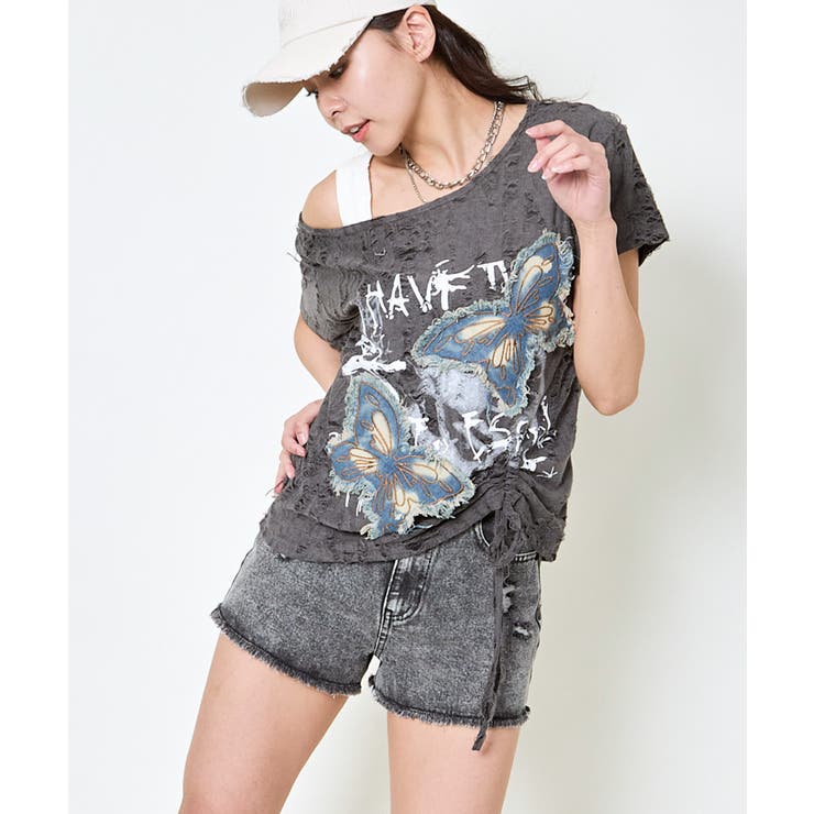 《デニム蝶×ワンショル風》クラッシュTシャツ／個性派エモ映え	 | GORGE  | 詳細画像9 