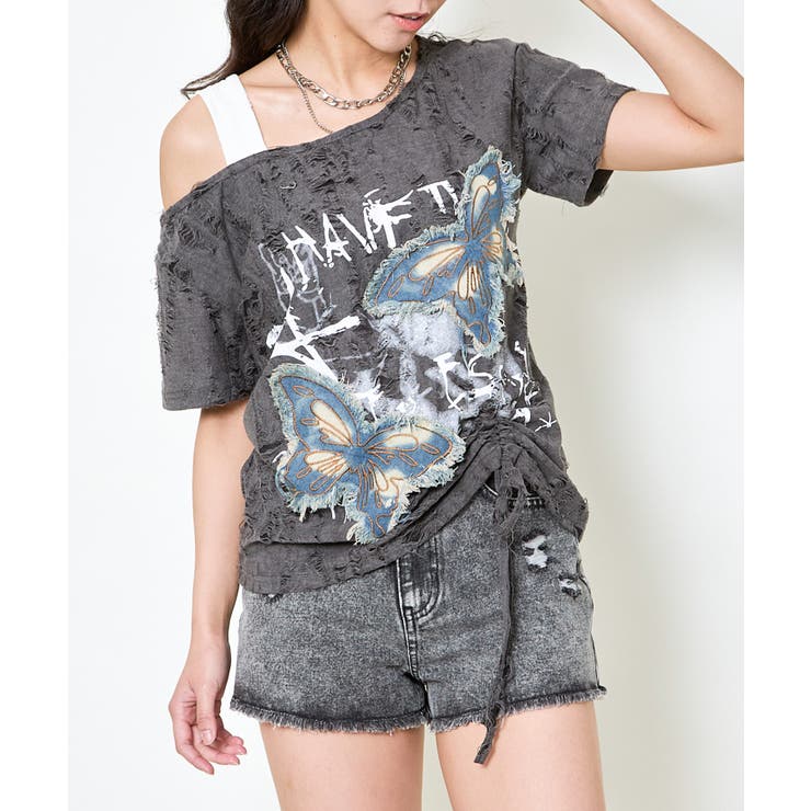 チャコール | 《デニム蝶×ワンショル風》クラッシュTシャツ／個性派エモ映え	 | GORGE 