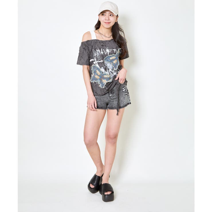 《デニム蝶×ワンショル風》クラッシュTシャツ／個性派エモ映え	 | GORGE  | 詳細画像4 