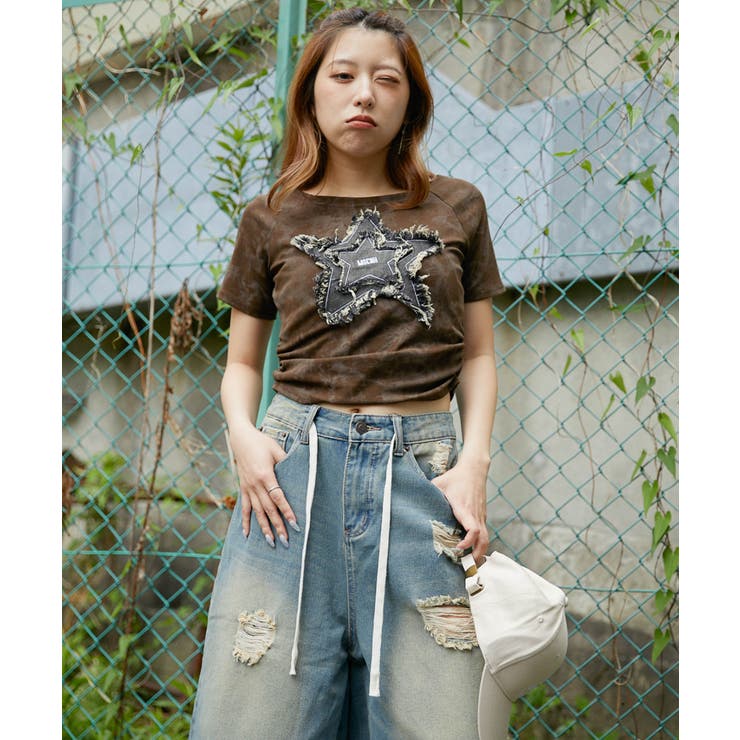 ブラウン | 《デニム星ワッペン×ムラ染め》リメイク風Tシャツ／こなれストリート | GORGE 
