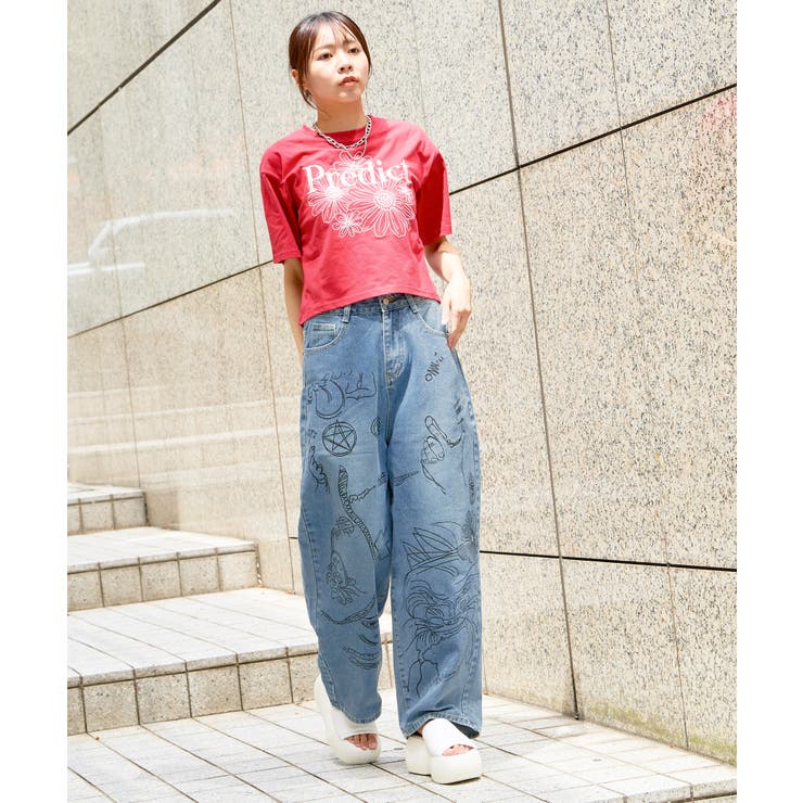 X-girl 落書き風デニムパンツ　ジーンズ 美品【X-girl】エックスガール 七部丈ジーンズ デニムパンツ 落書き