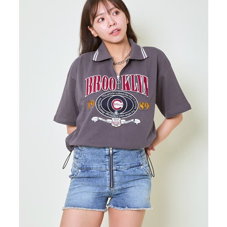 トップス ハーフジップ ドローストリング 半袖 フード付き L3443 seyto（セイト）の「Fringe drawstring half zip tops