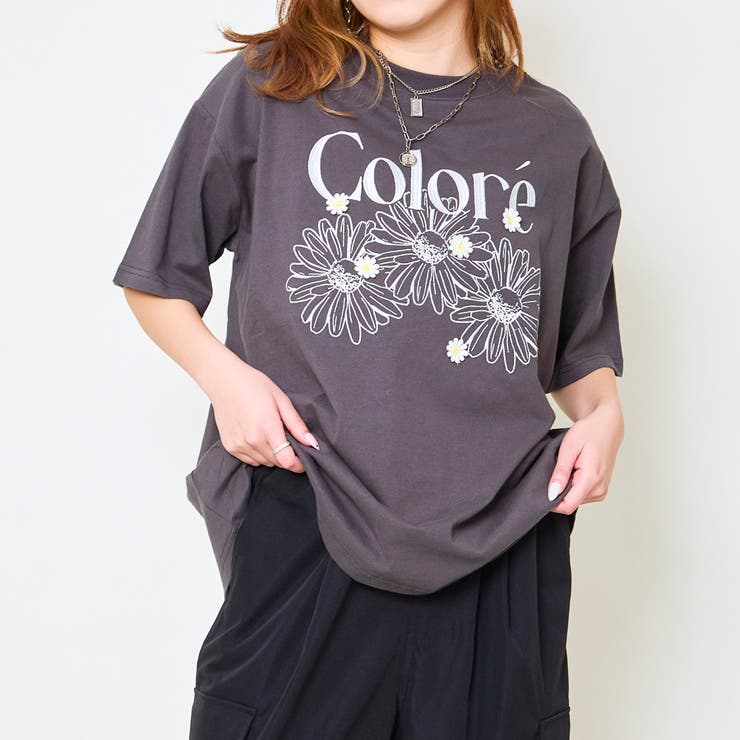MEDM ロゴ刺繍 長袖 Tシャツ 花柄 ロンT ルーズ 人気 男女兼用 フラワー刺しゅう×ロゴ映え》ルーズTシャツ[品番:GORW0009858