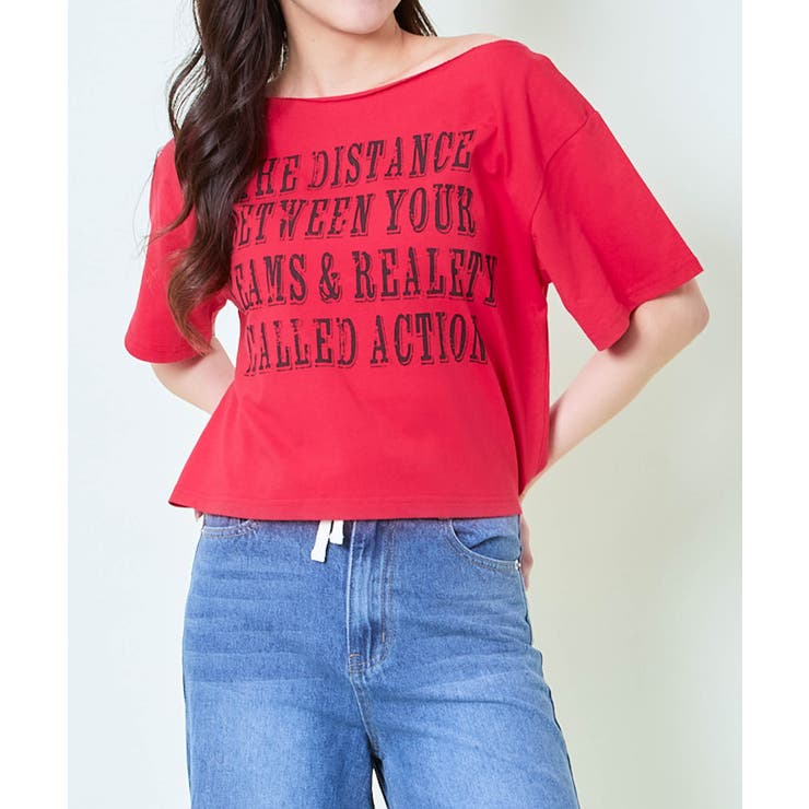 レッド | 《英字ロゴ×オフショル風》レディース ロゴTシャツ クロップド丈 | GORGE 