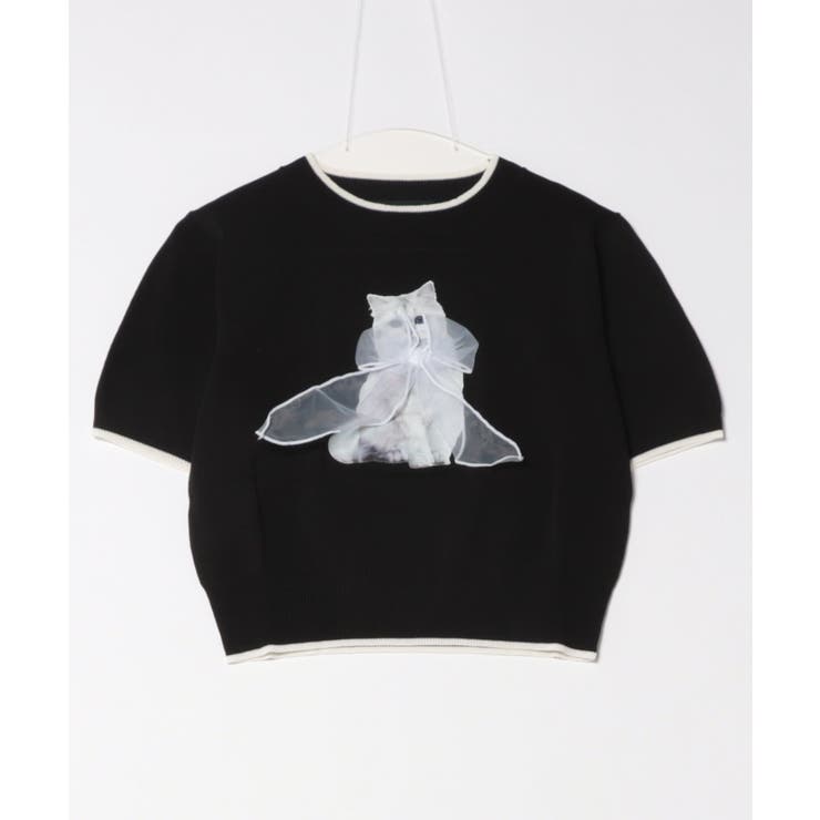 オーガンジー付き猫半袖ニットプルオーバー[品番：GORW0009987