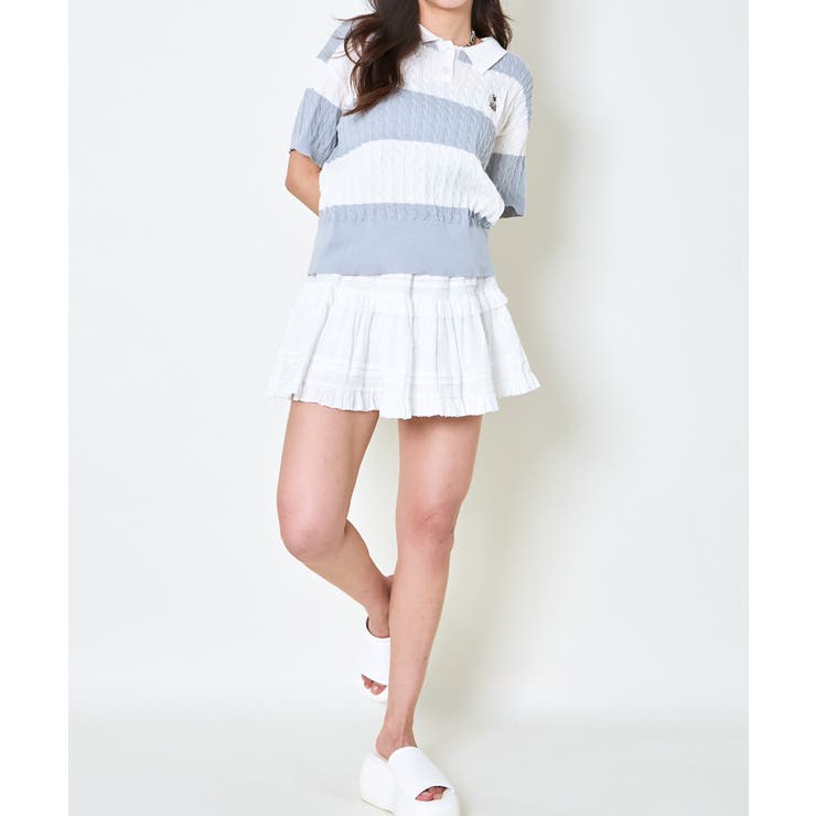 《ワンポイント刺繍×太ボーダー》レディース ケーブル編み 半袖ポロニット | GORGE  | 詳細画像8 