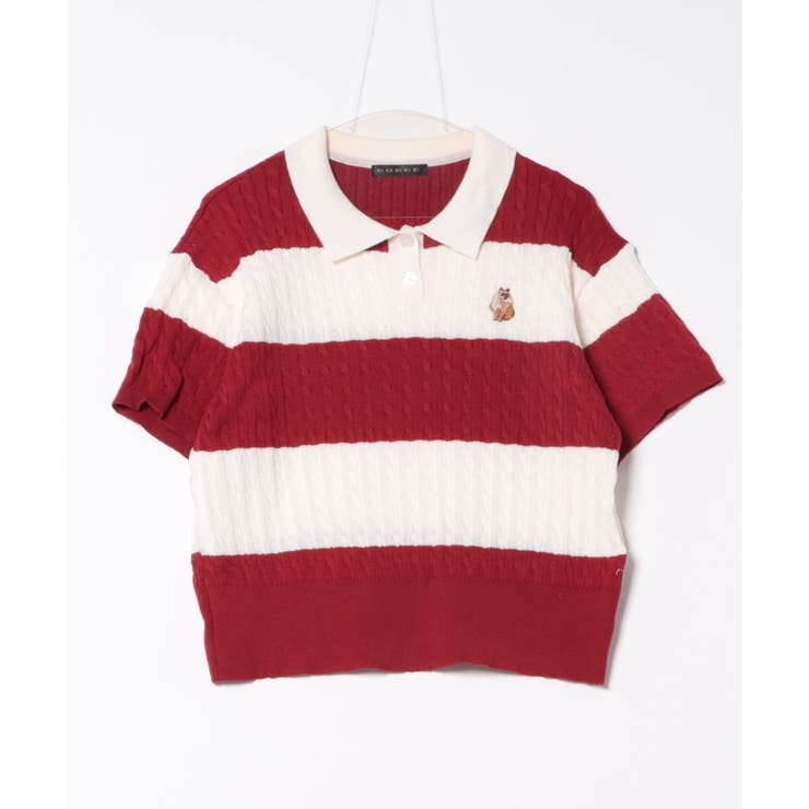 レッド | 《ワンポイント刺繍×太ボーダー》レディース ケーブル編み 半袖ポロニット | GORGE 