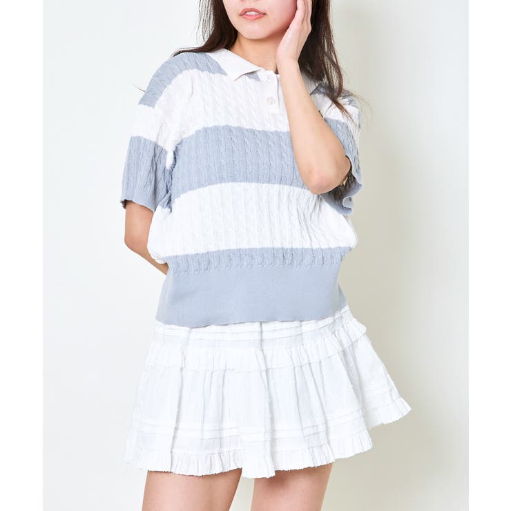 《ワンポイント刺繍×太ボーダー》レディース ケーブル編み 半袖ポロニット | GORGE  | 詳細画像3 