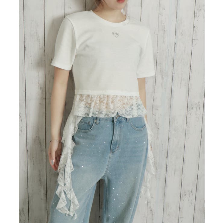 オフホワイト | クルクルレーステレコ半袖トップス | GORGE 
