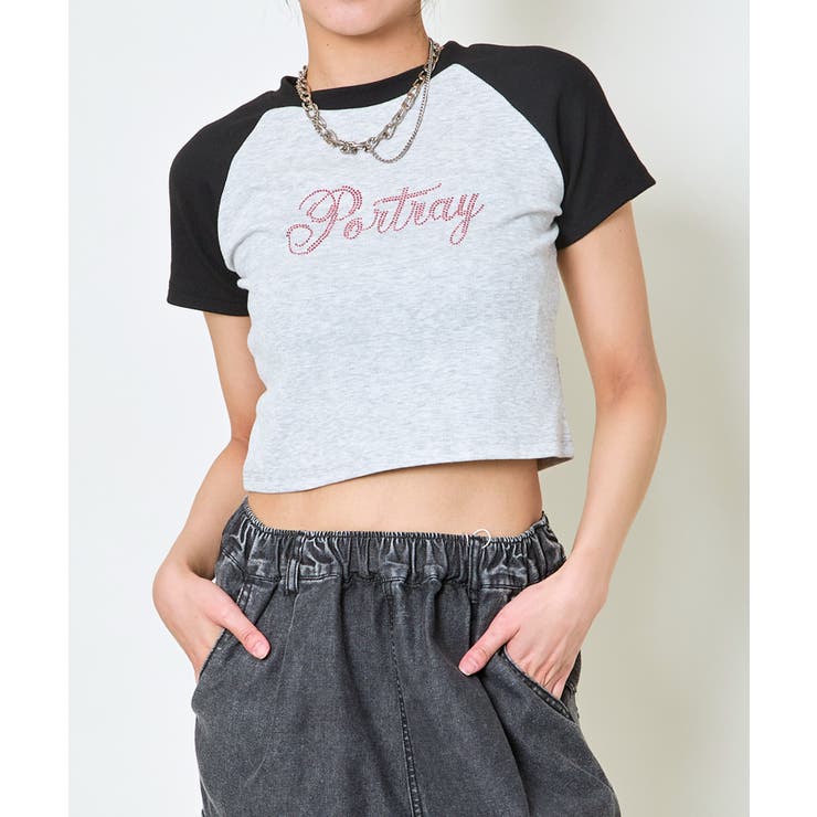 グレー | 《ラインストーン×ラグラン配色》ショート丈トップス | GORGE 