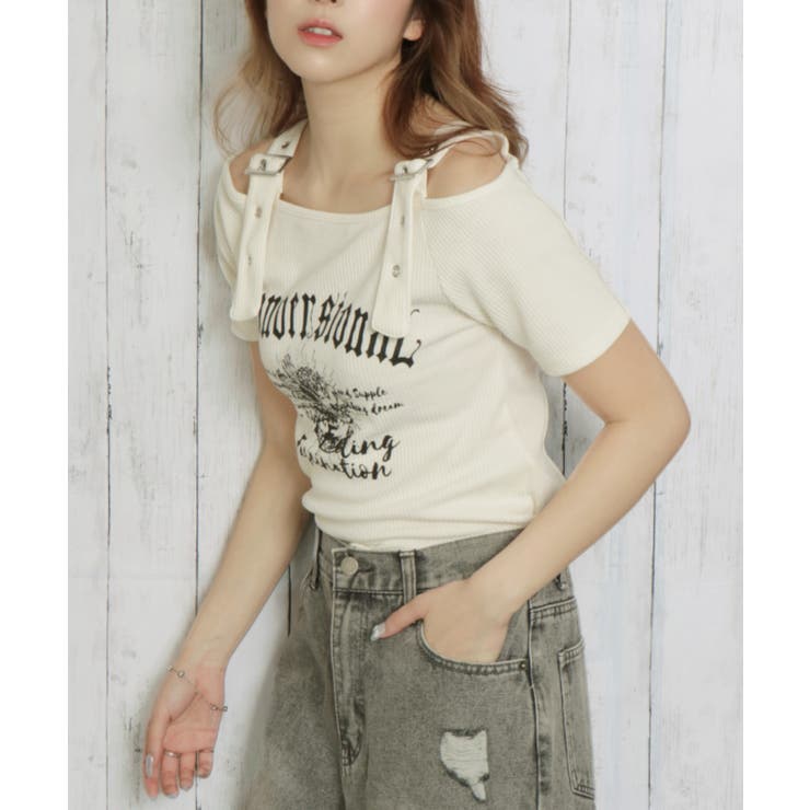 オフホワイト | 《肩ベルト×ロゴプリント》レディース テレコ半袖トップス オフショル風 春夏秋 | GORGE 