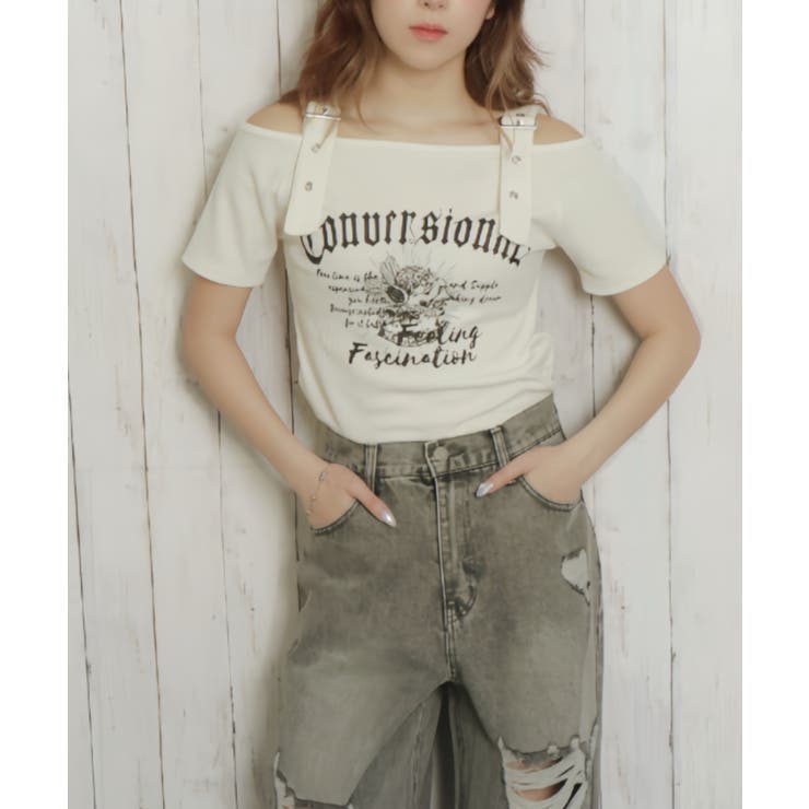 《肩ベルト×ロゴプリント》レディース テレコ半袖トップス オフショル風 春夏秋 | GORGE  | 詳細画像4 