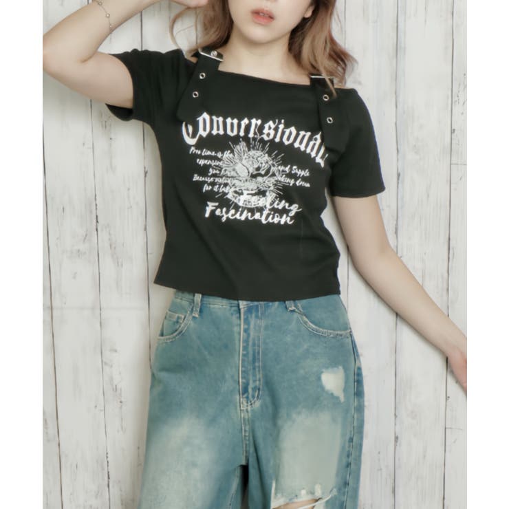 《肩ベルト×ロゴプリント》レディース テレコ半袖トップス オフショル風 春夏秋 | GORGE  | 詳細画像7 