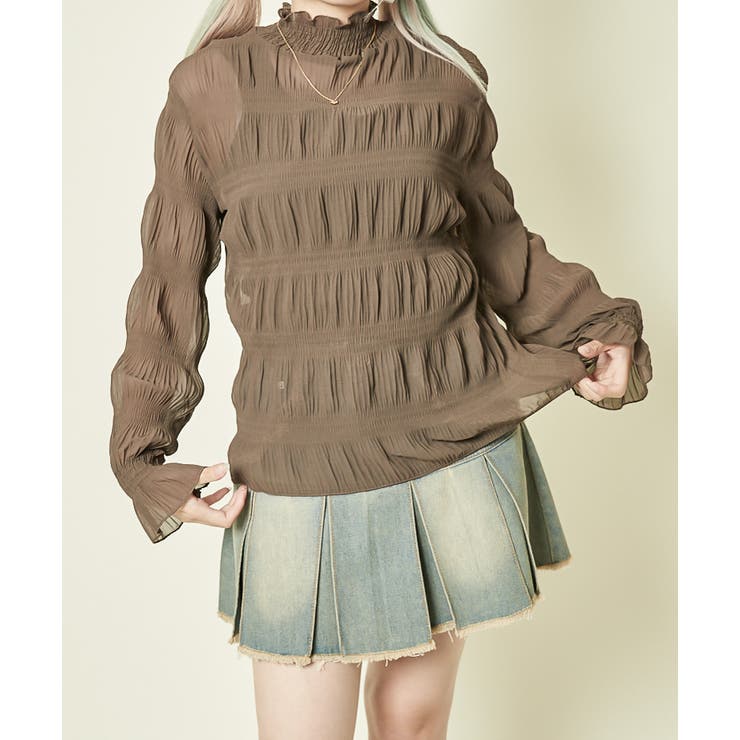 ブラウン | 《フリル×シアー素材》レディース シャーリングブラウス ハイネック長袖 | GORGE 