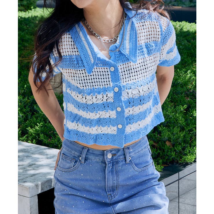 サックス | ボーダーエリツキカーディガン | GORGE 