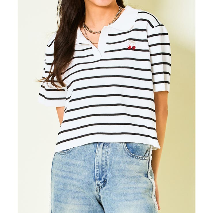 ボーダー | チェリー刺繍スキッパーニットプルオーバー | GORGE 