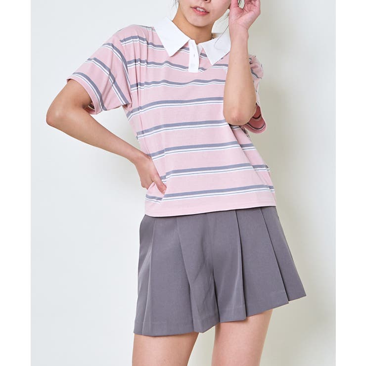 【新作からSALEアイテム等お得な商品満載】 ボーダーポロ襟刺繍半袖Tシャツ[品番：GORW0009979]｜GORGE トップス