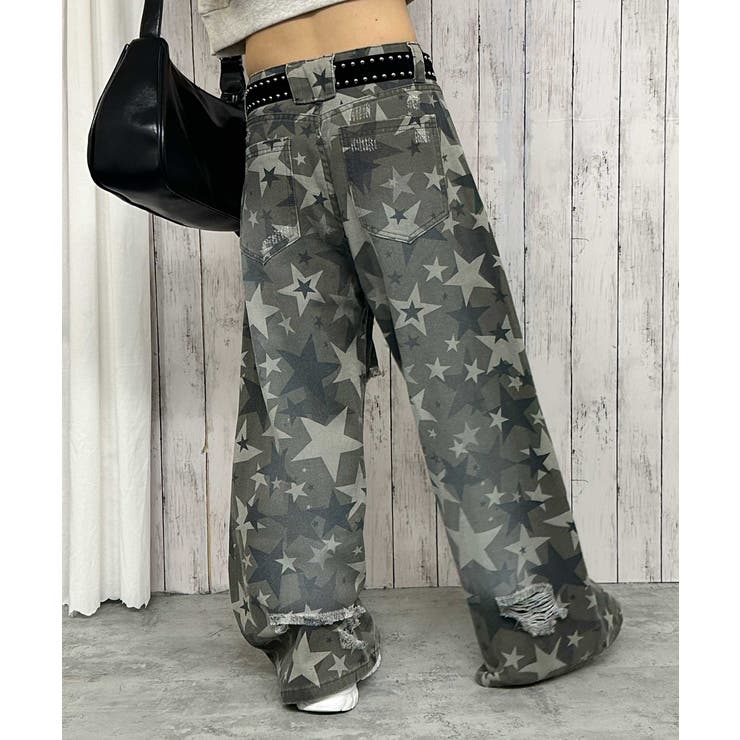 Star Camo Jeans スター柄 カモフラージュ ワイドパンツ y2k スター迷彩×クラッシュ加工》レディース ワイドデニムパンツ ダメージ