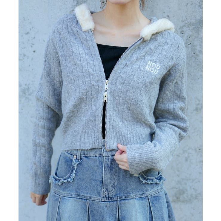 ケーブル編みとファーの最強コンビ♪刺繍入りWジップパーカー[品番