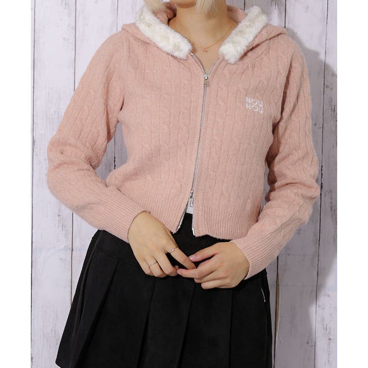 ケーブル編みとファーの最強コンビ♪刺繍入りWジップパーカー[品番