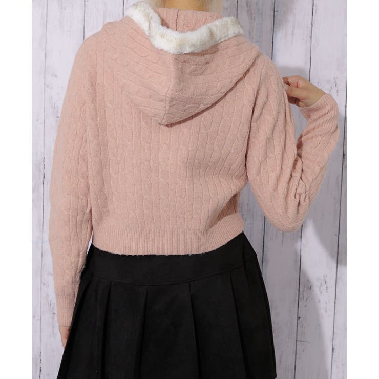 ケーブル編みとファーの最強コンビ♪刺繍入りWジップパーカー[品番