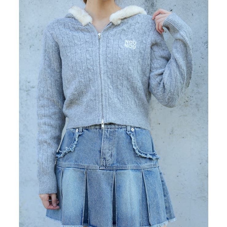 ケーブル編みとファーの最強コンビ♪刺繍入りWジップパーカー[品番