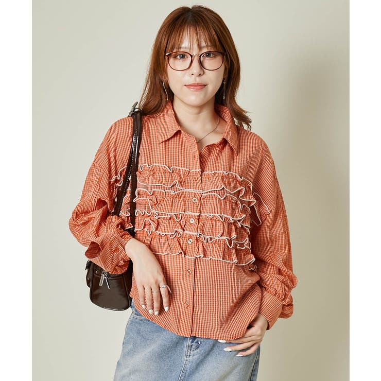 オレンジ | 《動き映えフリル×チェック柄》レディース シャツ ブラウス 体型カバー 春夏秋 | GORGE 